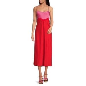 Gianni Bini Helena‎ Satin Pink Red Colorblock Midi Maxi Slip Dress Size Medium